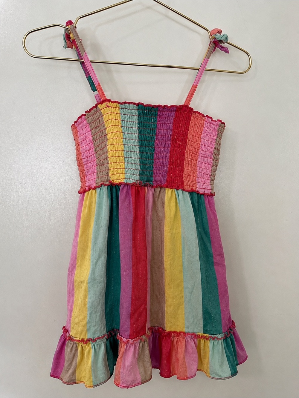 Peek Rainbow Stripe Smocked Dress | Metallic thread| Girls 3T | Nordstrom